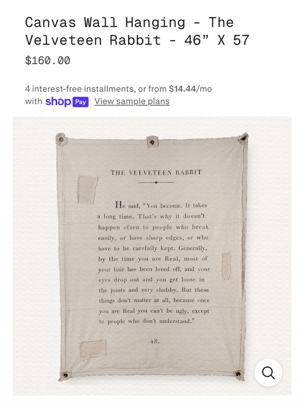 The Velveteen Rabbit Canvas Wall Hanging - Neutral Cream